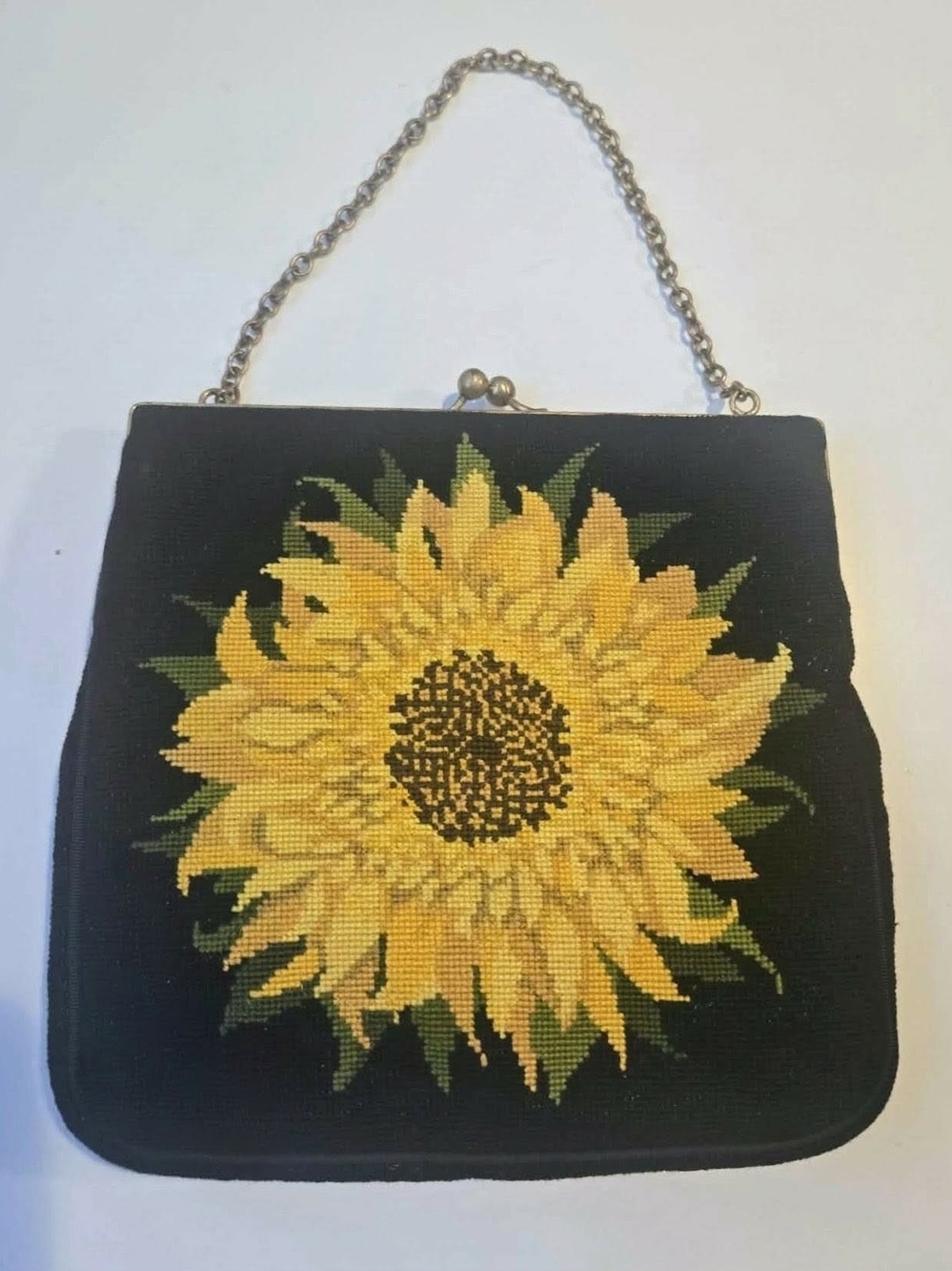 Vintage Black Handbag with Yellow Sunflower Needlepoint Kiss Lock Clutch